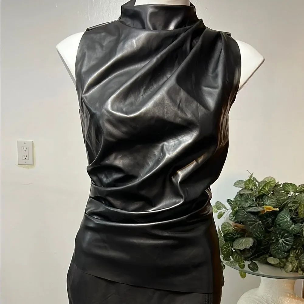 Black Sleeveless Faux Leather Blouse